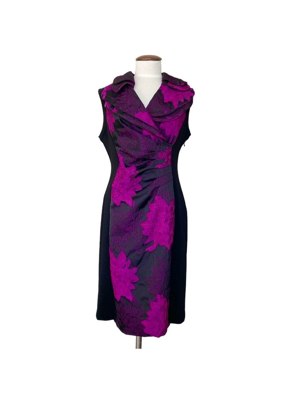 Joseph Ribkoff Black & Purple Sleeveless Ruched Dress Sz 14 - Picture 2 of 10
